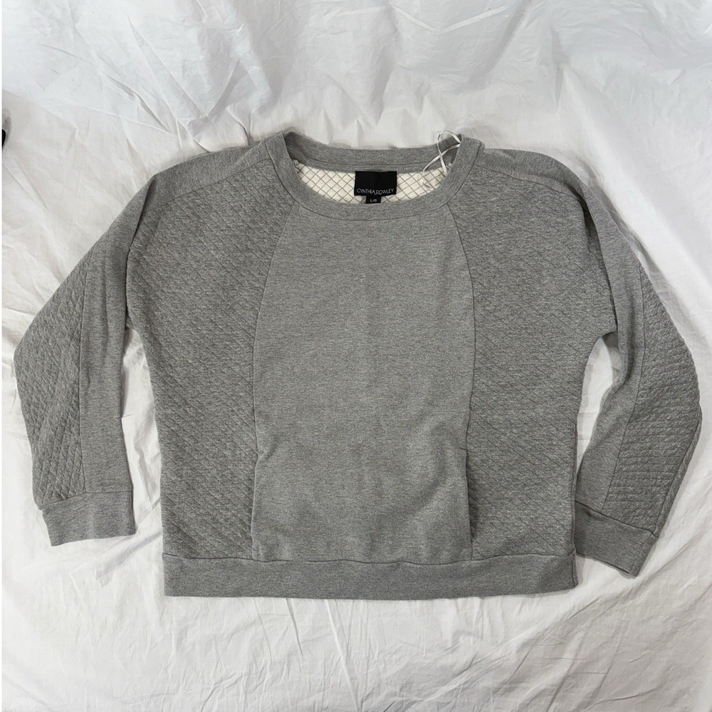 Cynthia Rowley Gray Crewneck  Quilted Pattern Sweater Large Kangaroo‎ Pockets